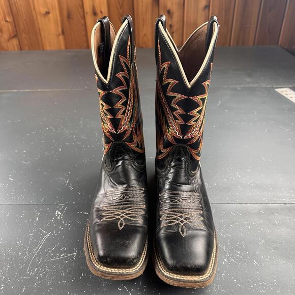 Nocona Western Boots Mens 9D Black Cowboy Leather Orange Red Feather Embroidery - Picture 3 of 9